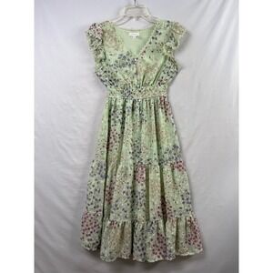 By The River Floral Midi Dress Womens Small Green Cottagecore Smocked Tiered
